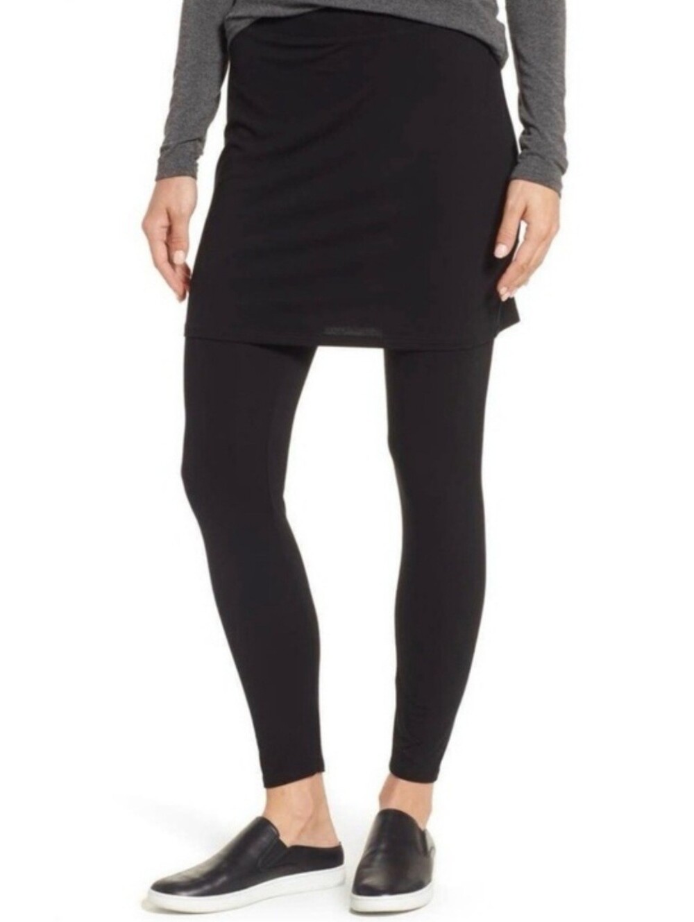 Eileen Fisher Skirted Leggings M Black Pull On Layered Lagenlook Quiet Luxury - Picture 2 of 5